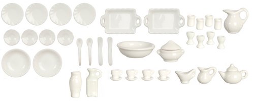 Dollhouse Miniature 40 Pc White Dinnerware Set with Serving Dishes Plates RBD14 